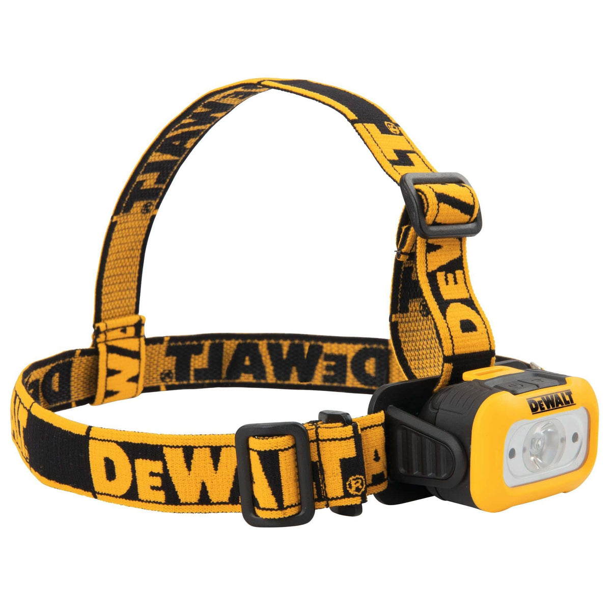 Right angled view of the DEWALT durable jobsite headlamp detailing the thick adjustable headband and the rugged pivoting light head for directed illumination.