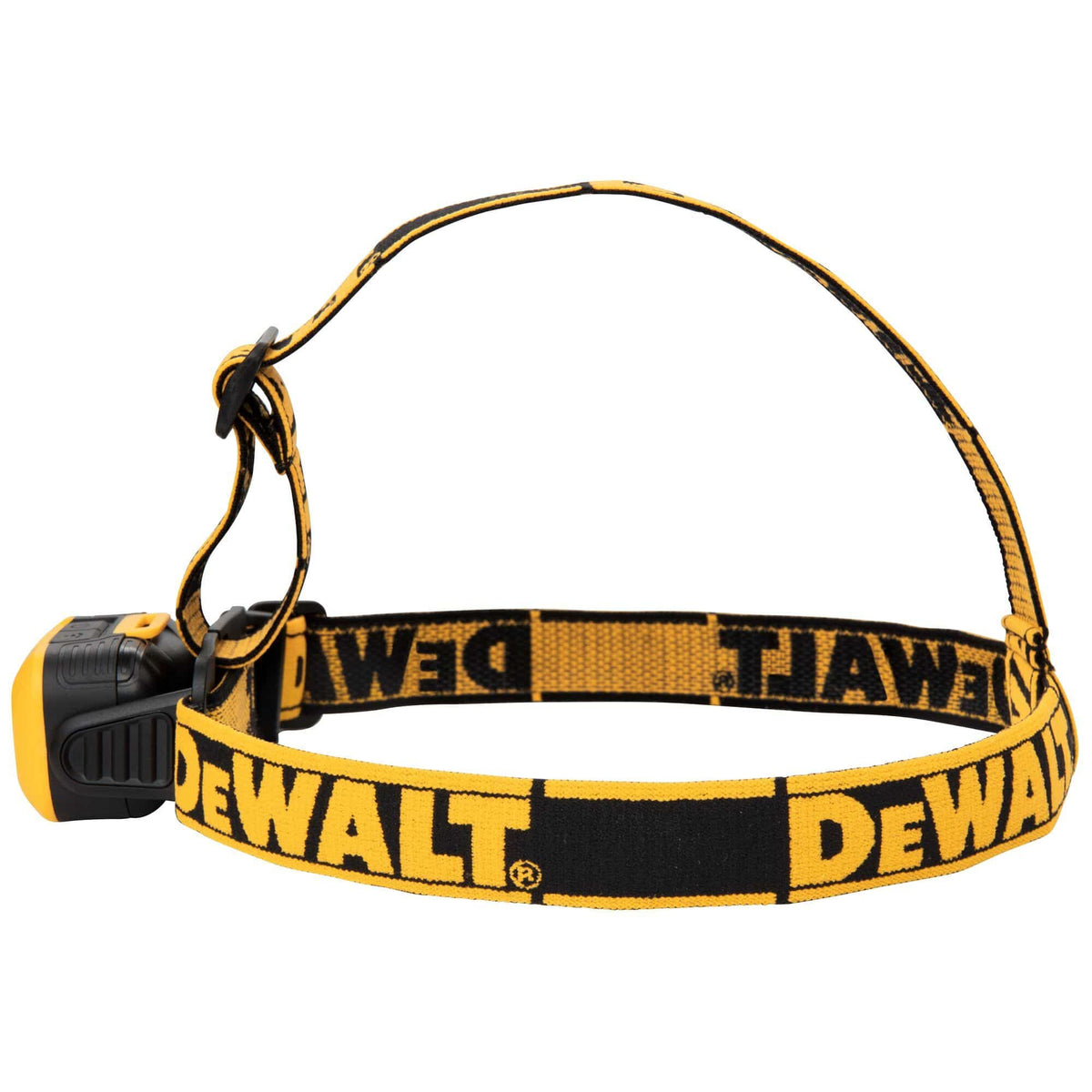 Rear view of the DEWALT LED headlamp showing the full circumference of the adjustable anti-slip strap and the compact low-profile design of the battery housing.