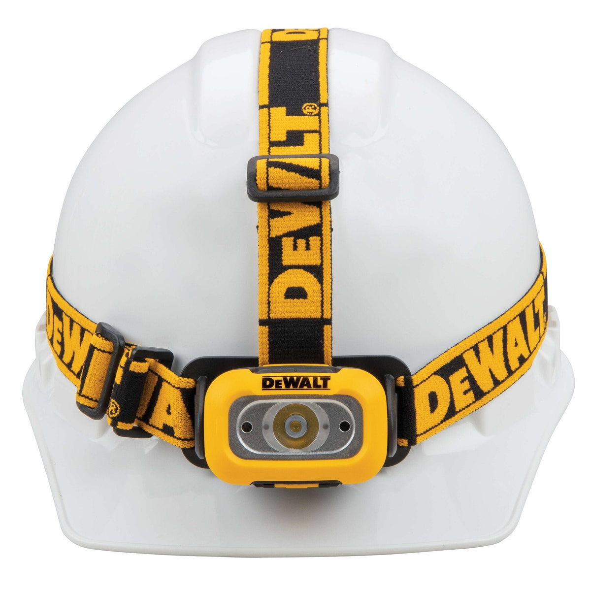 Front view of the DEWALT DWHT81424 headlamp mounted on a white construction hard hat demonstrating the anti-slip strap and hands-free motion sensor functionality.