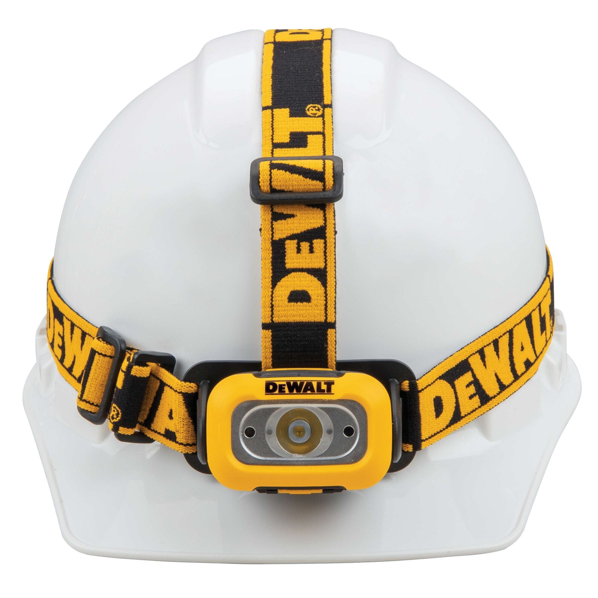 Front view of the DEWALT DWHT81424 headlamp mounted on a white construction hard hat demonstrating the anti-slip strap and hands-free motion sensor functionality.
