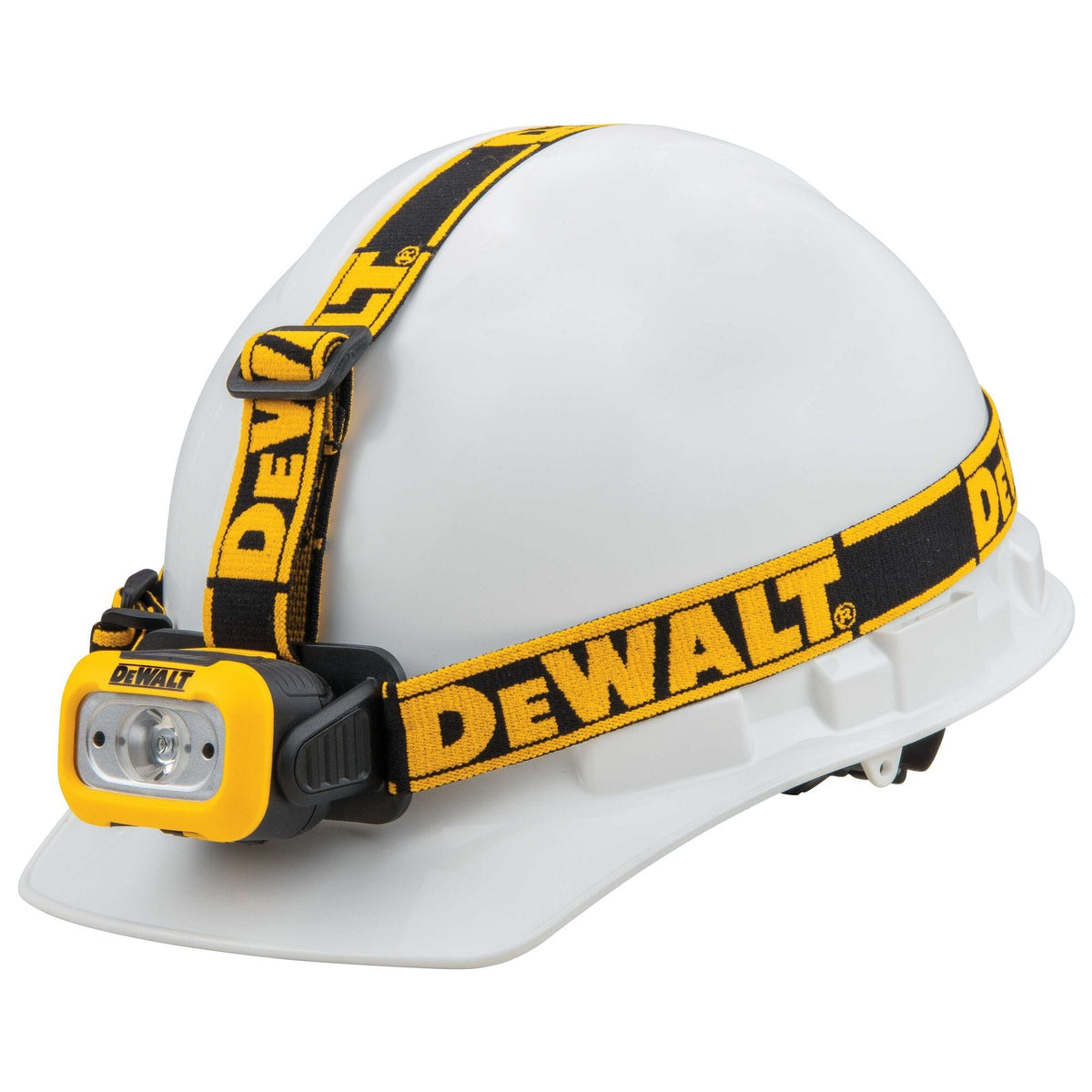 Right profile view of the DEWALT 200 lumen headlamp secured to a hard hat showing how the stability straps integrate with safety headwear for jobsite visibility.