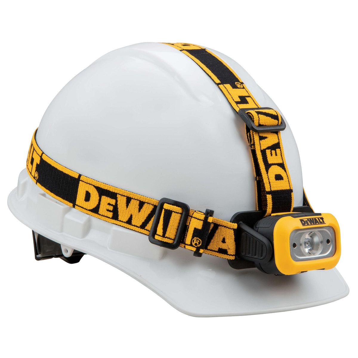 Left profile view of the DEWALT water resistant LED headlamp on a hard hat highlighting the adjustment buckles and the IP54 rated dust and water resistant housing.