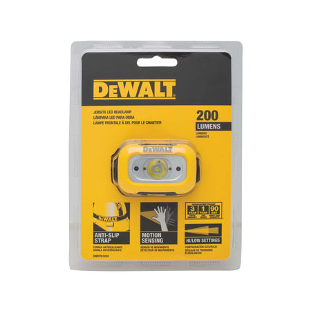 DEWALT DWHT81424 jobsite LED headlamp in retail blister pack packaging highlighting the 200 lumen output, motion sensing technology, anti-slip strap, and high low settings.