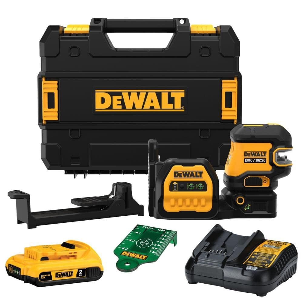 DEWALT DCLE34520G 20V 12V MAX Green Beam Cross Line Laser Level Kit including 5 spot laser, rechargeable lithium ion battery, charger, ceiling bracket, target card, and TSTAK storage case.