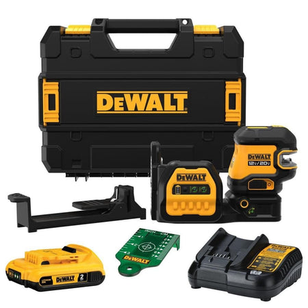DEWALT DCLE34520G 20V 12V MAX Green Beam Cross Line Laser Level Kit including 5 spot laser, rechargeable lithium ion battery, charger, ceiling bracket, target card, and TSTAK storage case.