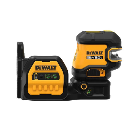 Side view of the DEWALT DCLE34520G green beam laser level showing the 20V and 12V MAX compatibility logo, control panel with battery indicator, and the fine adjust knob.