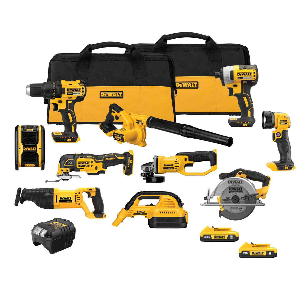 A comprehensive DEWALT 20V MAX 10-tool cordless combo kit featuring a drill driver, impact driver, circular saw, reciprocating saw, oscillating multi-tool, angle grinder, wet/dry vacuum, compact blower, Bluetooth speaker, and LED flashlight, along with two 2.0Ah batteries, a charger, and two large contractor bags.
