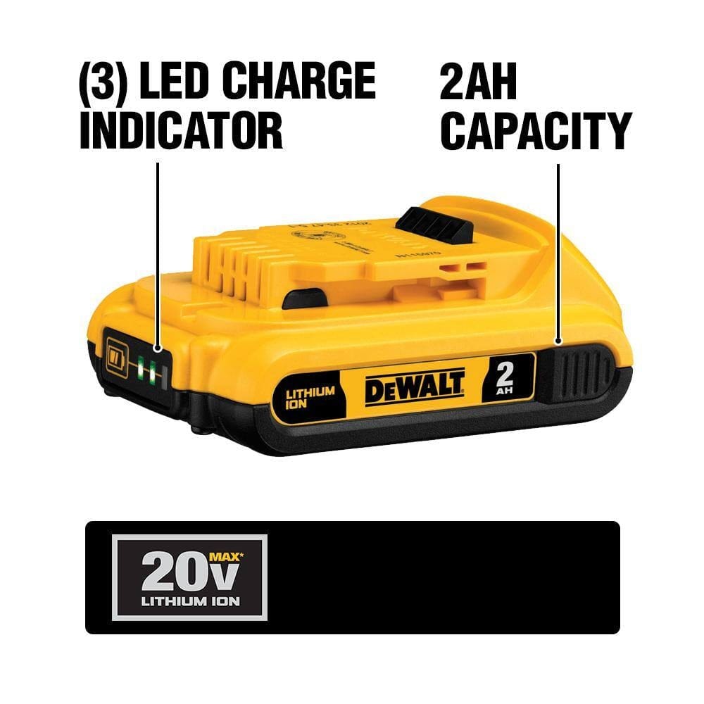 A close-up of the DEWALT 20V MAX 2.0Ah lithium-ion battery highlighting the 2Ah capacity and the three-LED fuel gauge charge indicator for real-time power monitoring.