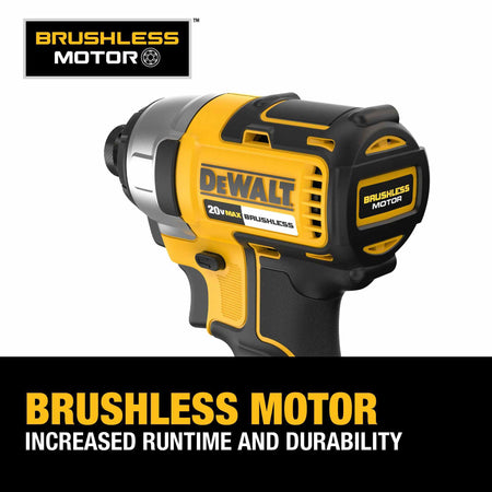 A close-up marketing graphic of a DEWALT 20V MAX brushless impact driver highlighting the high-efficiency brushless motor technology that provides increased runtime and professional-grade durability.