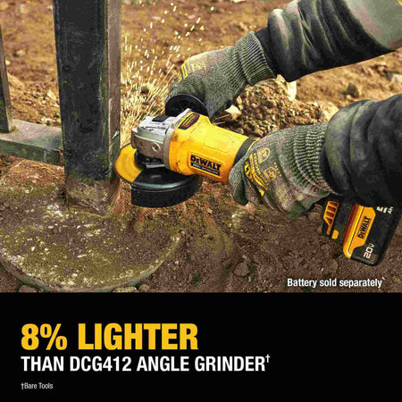 An action shot of a DEWALT 20V MAX cordless angle grinder being used to cut a metal post, featuring a caption stating the tool is 8% lighter than the DCG412 model for improved overhead handling and reduced user fatigue.