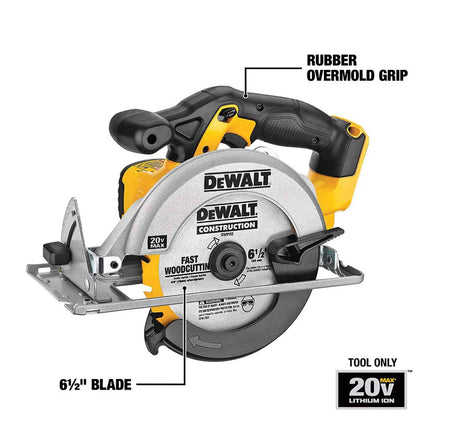 A detailed view of the DEWALT 20V MAX 6-1/2 inch circular saw highlighting its rubber overmold grip for comfort and the included fast wood-cutting carbide blade.