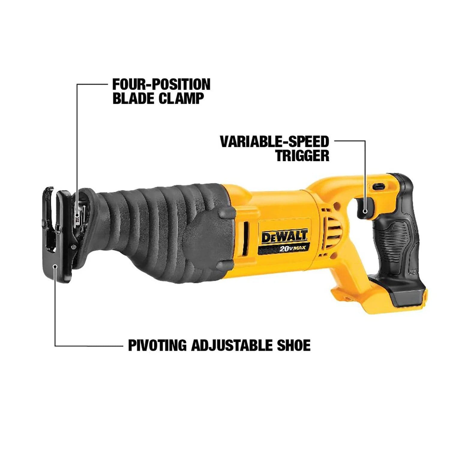 An informative image of the DEWALT 20V MAX reciprocating saw showcasing the four-position blade clamp for flush cutting, a variable-speed trigger, and a pivoting adjustable shoe for stability.