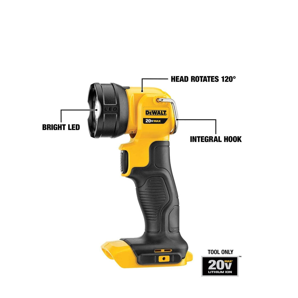 A profile view of the DEWALT 20V MAX LED work light highlighting the 120-degree rotating head, the bright LED output, and an integral hook for hands-free hanging.