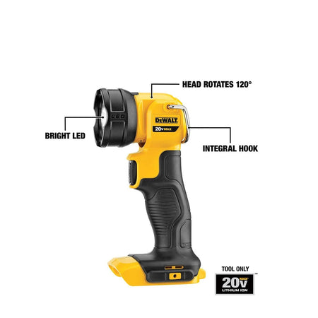 A profile view of the DEWALT 20V MAX LED work light highlighting the 120-degree rotating head, the bright LED output, and an integral hook for hands-free hanging.