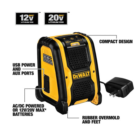 An image of the DEWALT 12V/20V MAX Bluetooth jobsite speaker showing its compact design, USB power and AUX ports, and durable rubber overmold feet for jobsite protection.