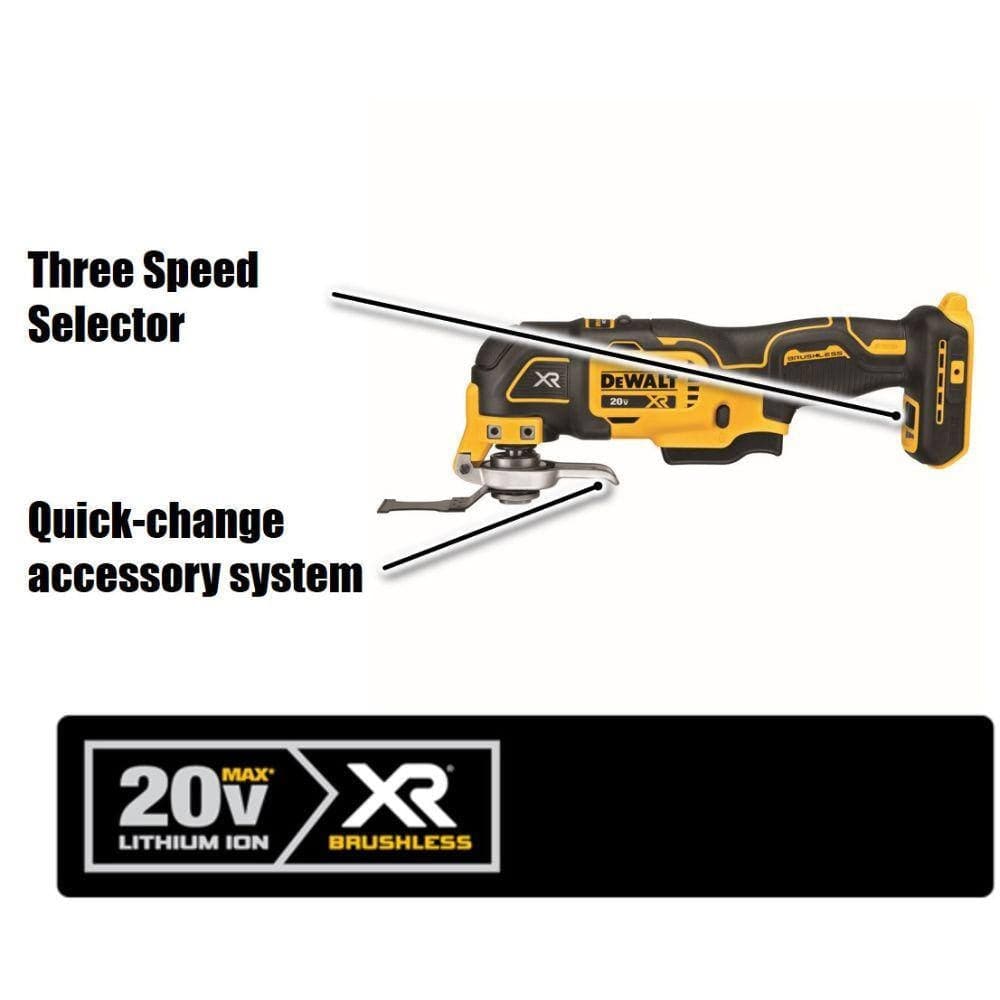 A detailed shot of the DEWALT 20V MAX XR Brushless oscillating multi-tool featuring a three-speed selector for application control and a Quick-Change accessory system for fast blade changes.