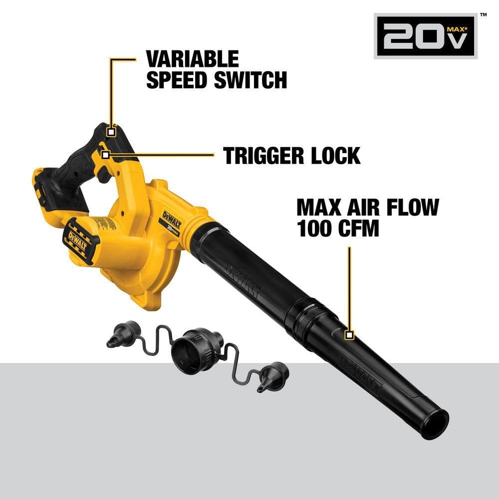 An informative view of the DEWALT 20V MAX compact jobsite blower highlighting the variable speed switch, trigger lock for continuous use, and 100 CFM maximum airflow rating.