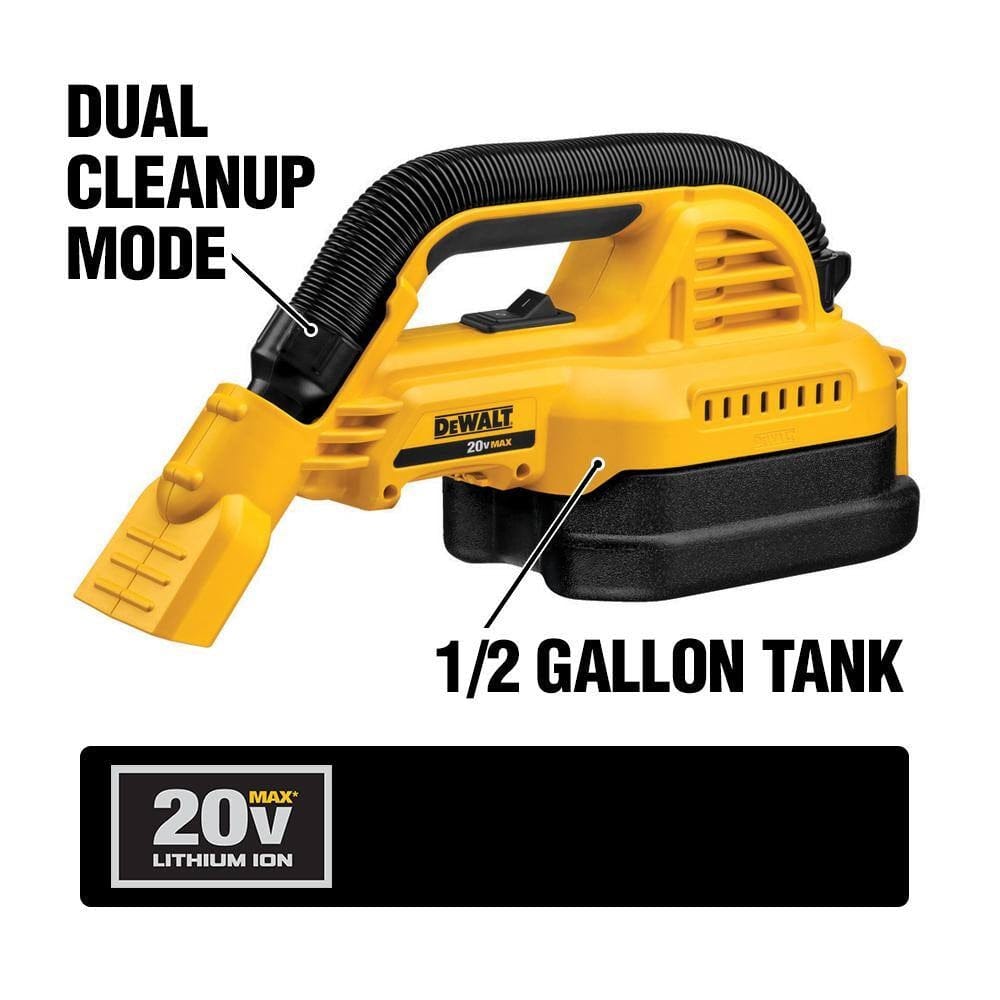 An image of the DEWALT 20V MAX 1/2 gallon wet/dry portable vacuum showing the dual cleanup mode for front utility nozzle or extendable hose use and the integrated tank design.