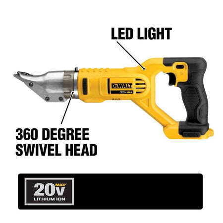 An infographic highlighting the features of the DEWALT 20V MAX Metal Shears. Callouts point to the "LED LIGHT" and the "360 DEGREE SWIVEL HEAD". A 20V MAX Lithium Ion logo is at the bottom.