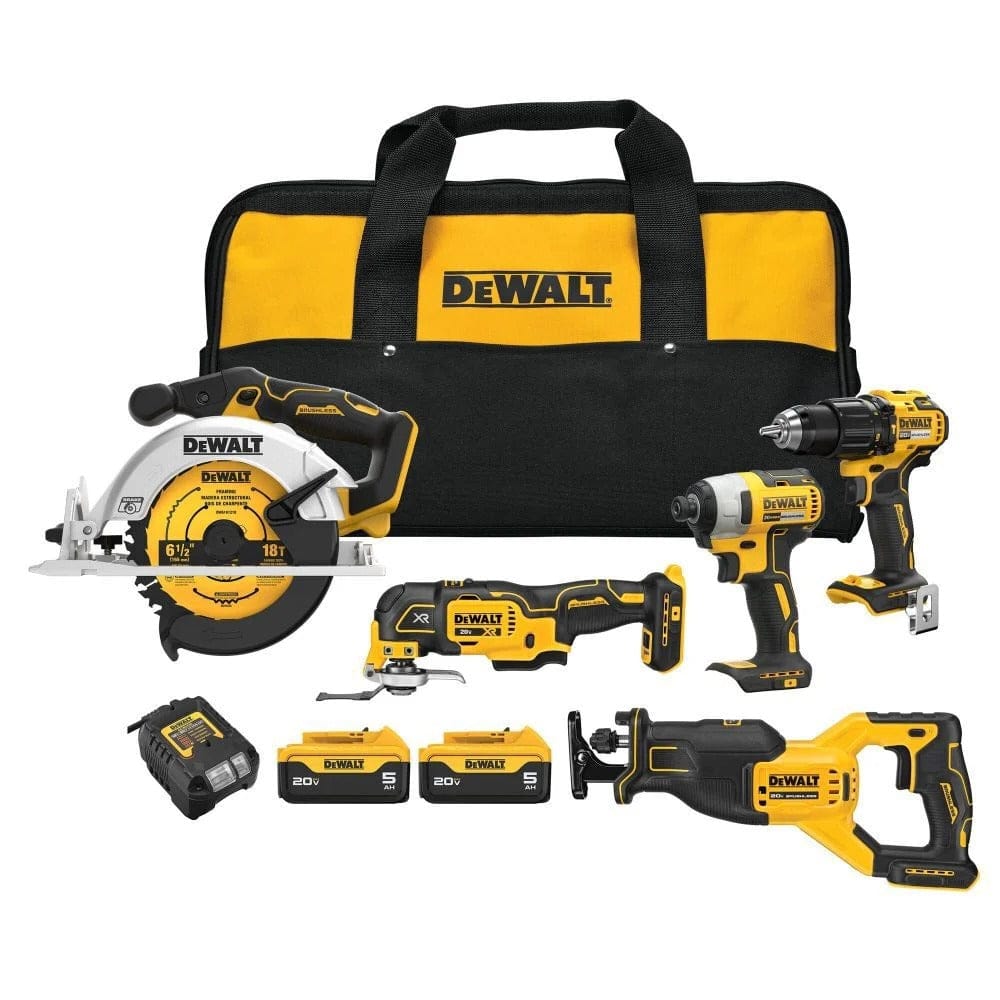 A group shot of the Dewalt 20V MAX 5-tool brushless combo kit, including a drill/driver, impact driver, circular saw, reciprocating saw, oscillating multi-tool, charger, two 5Ah batteries, and a contractor bag.