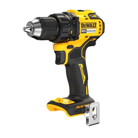 A high-resolution studio shot of a yellow and black Dewalt 20V MAX brushless cordless 1/2-inch drill/driver with a metal belt hook.