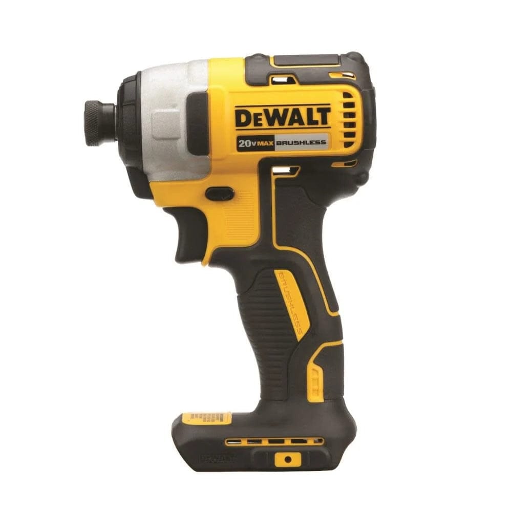 A profile view of a compact Dewalt 20V MAX brushless cordless 1/4-inch impact driver featuring a black and yellow ergonomic handle.