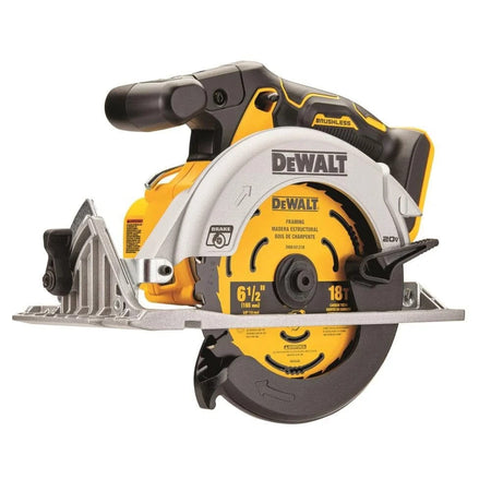 A studio shot of a Dewalt 20V MAX brushless cordless 6-1/2-inch circular saw featuring an 18-tooth carbide-tipped framing blade.