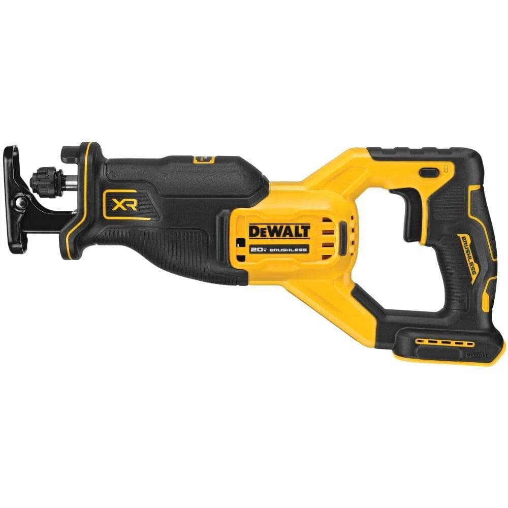 A profile view of a Dewalt 20V MAX XR brushless cordless reciprocating saw with a black and yellow finish and ergonomic grip.