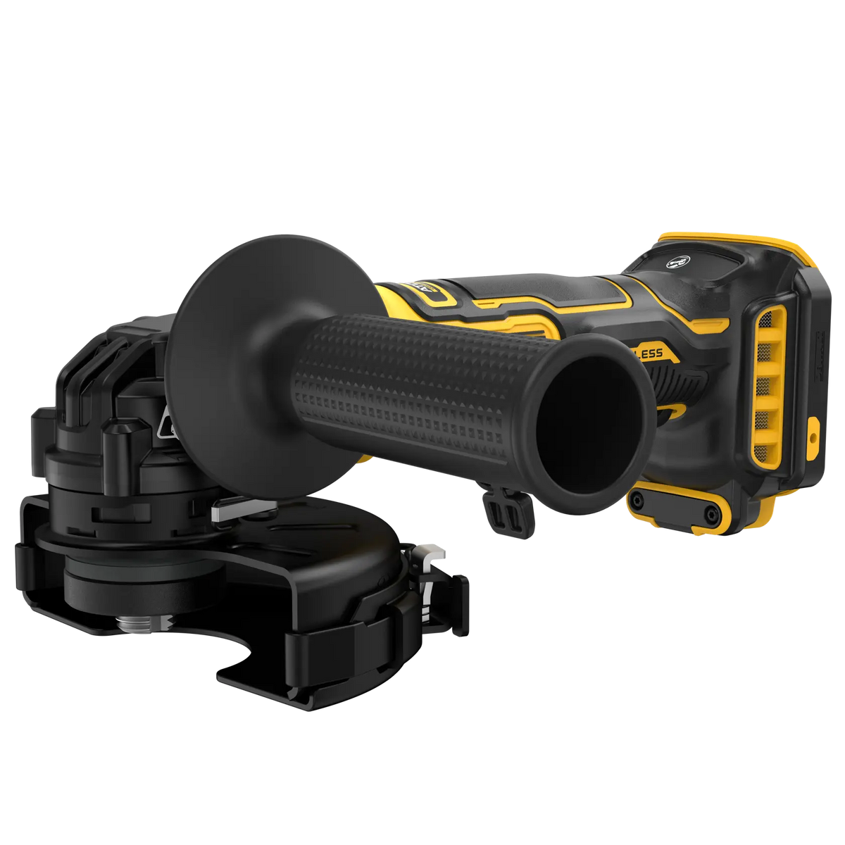 A perspective studio shot of the DEWALT 20V MAX ATOMIC 4-1/2 inch cordless angle grinder. The image showcases the compact brushless motor housing, the adjustable black safety guard, and the textured side handle designed for maximum stability during high-torque grinding applications.