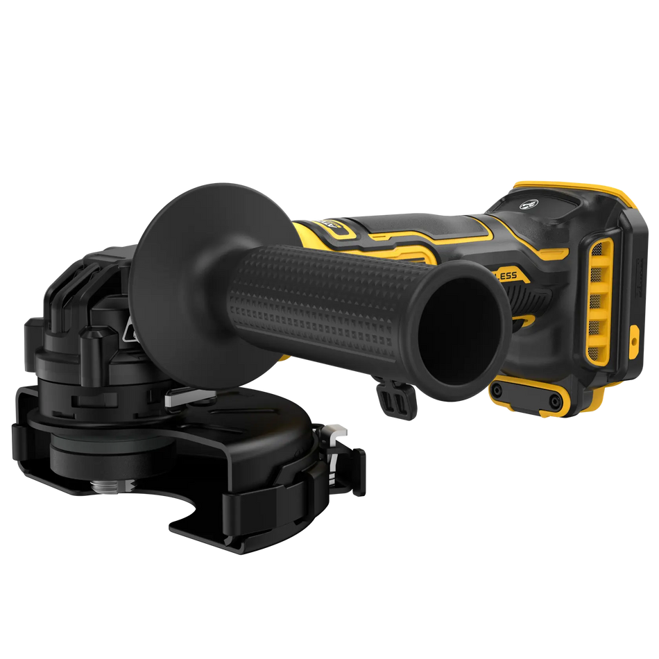 A perspective studio shot of the DEWALT 20V MAX ATOMIC 4-1/2 inch cordless angle grinder. The image showcases the compact brushless motor housing, the adjustable black safety guard, and the textured side handle designed for maximum stability during high-torque grinding applications.