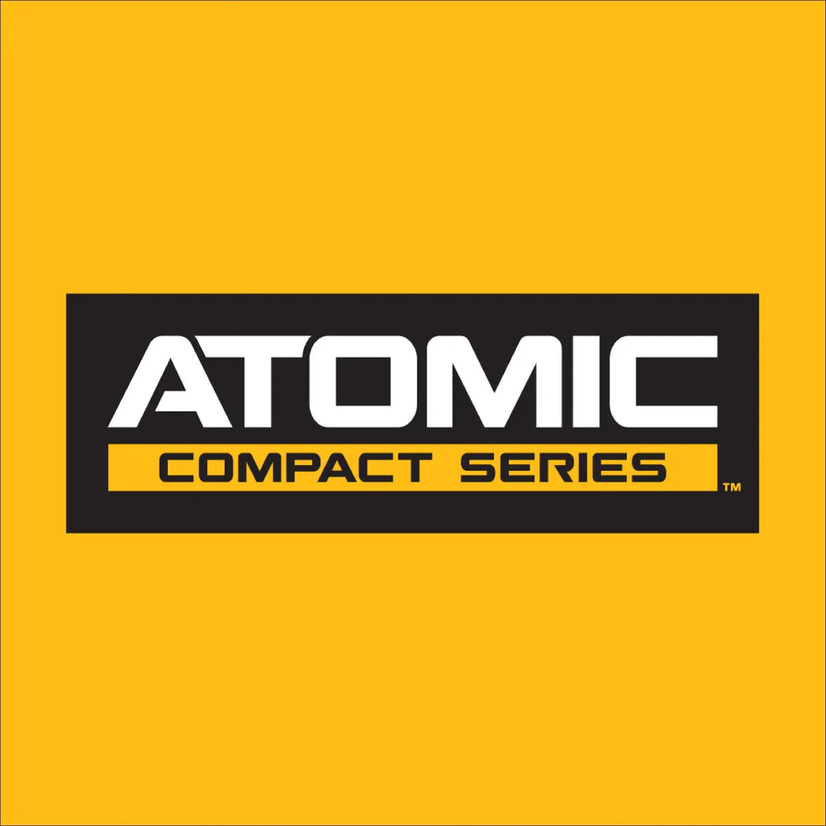 A high-contrast graphic of the ATOMIC COMPACT SERIES logo in white and yellow on a black and yellow background. This branding represents DEWALT's line of power tools designed to offer professional-grade power and performance in a more compact, maneuverable size.
