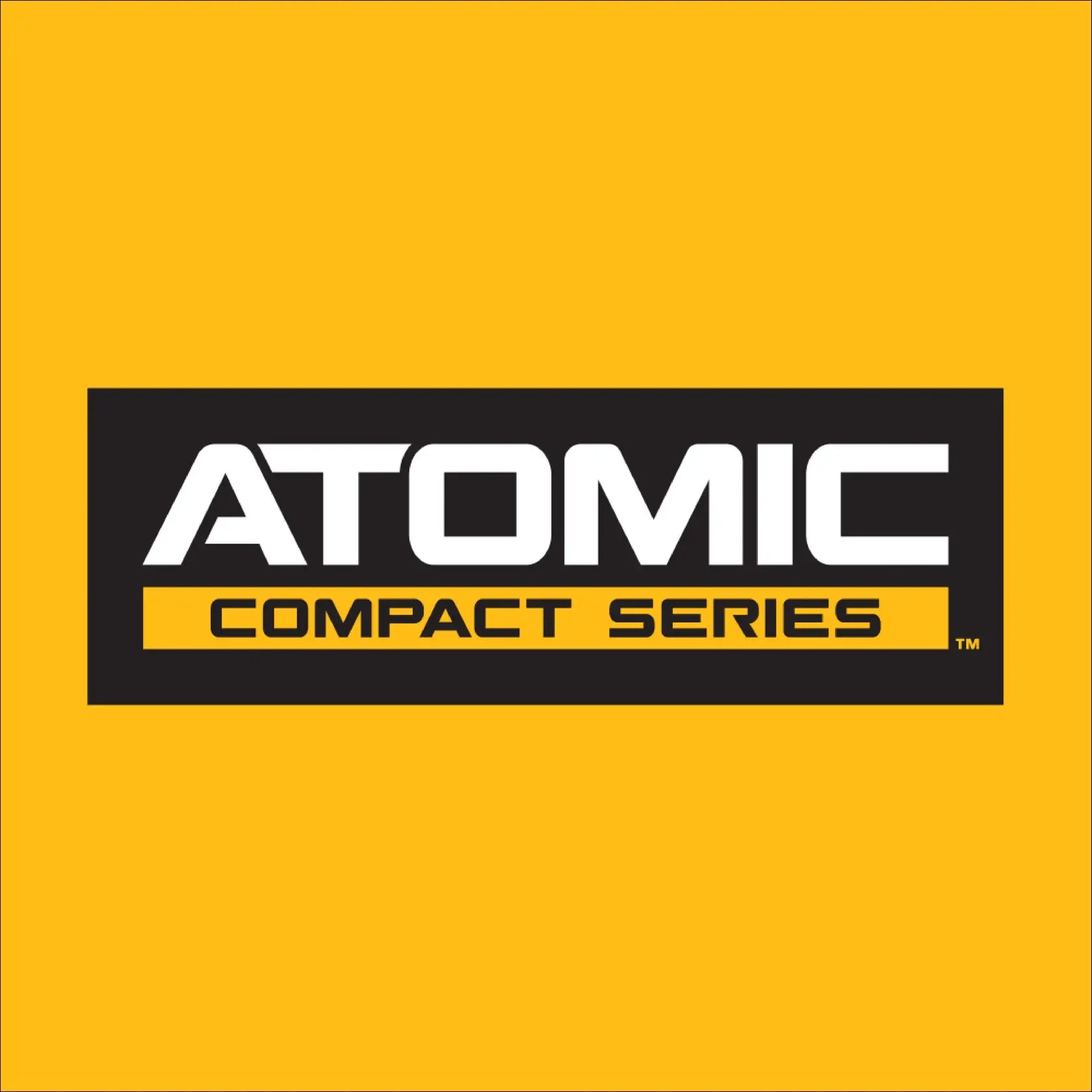 A high-contrast graphic of the ATOMIC COMPACT SERIES logo in white and yellow on a black and yellow background. This branding represents DEWALT's line of power tools designed to offer professional-grade power and performance in a more compact, maneuverable size.