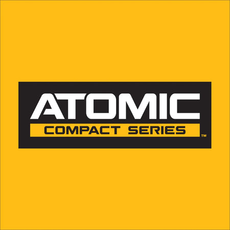 A high-contrast graphic of the ATOMIC COMPACT SERIES logo in white and yellow on a black and yellow background. This branding represents DEWALT's line of power tools designed to offer professional-grade power and performance in a more compact, maneuverable size.