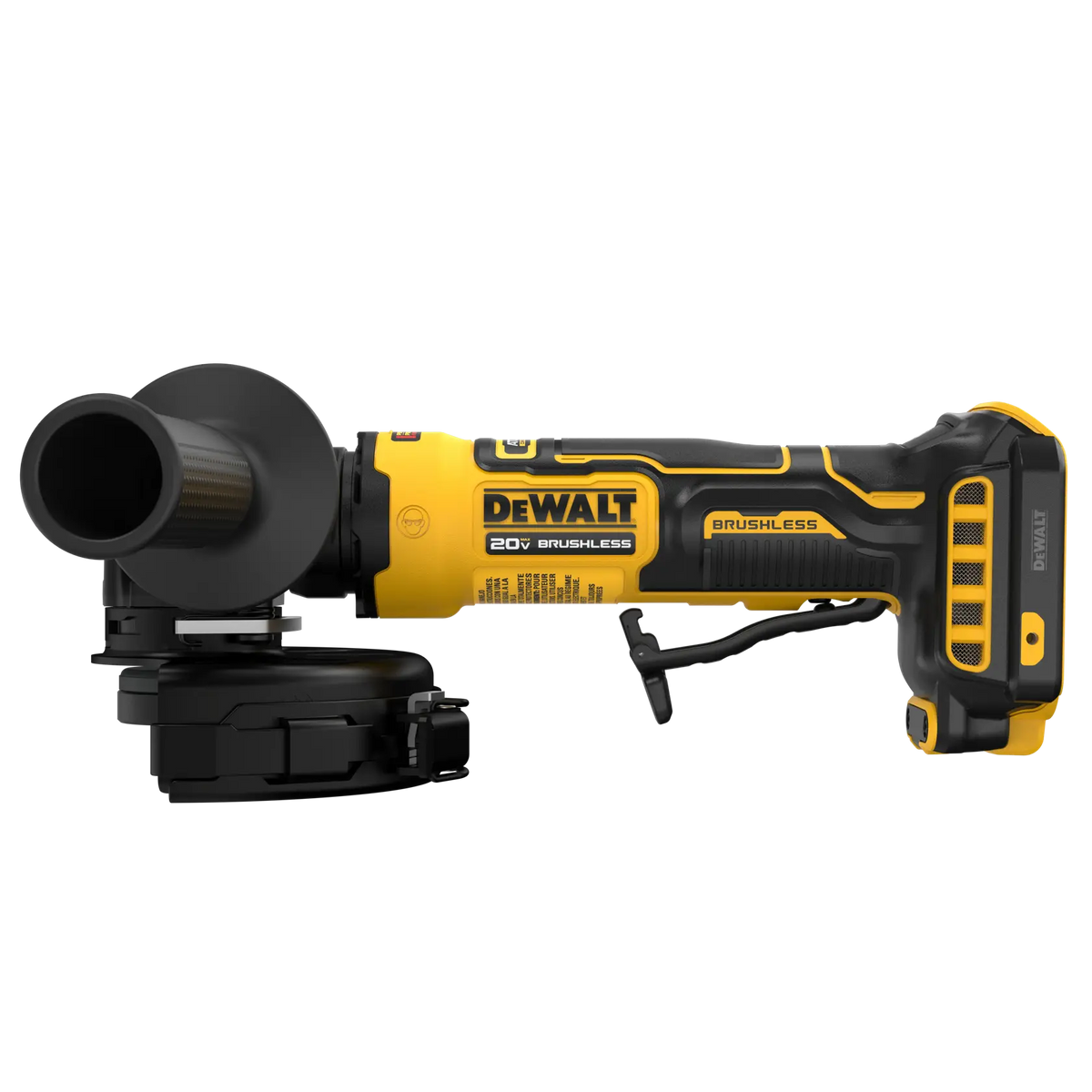 A side profile of the DEWALT ATOMIC brushless angle grinder. The shot highlights the ergonomic paddle switch design for easy operation, the "Brushless" branding on the motor housing, and the slim body optimized for access into tight workspaces.