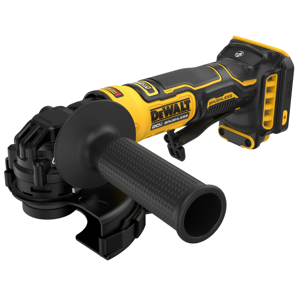 A top-down perspective view of the DEWALT DCG402B bare tool. The image focuses on the balanced design of the small angle grinder, emphasizing the Lanyard Ready attachment point at the base and the high-visibility yellow and black professional finish.