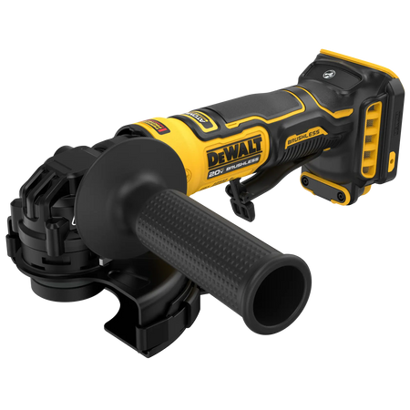 A top-down perspective view of the DEWALT DCG402B bare tool. The image focuses on the balanced design of the small angle grinder, emphasizing the Lanyard Ready attachment point at the base and the high-visibility yellow and black professional finish.