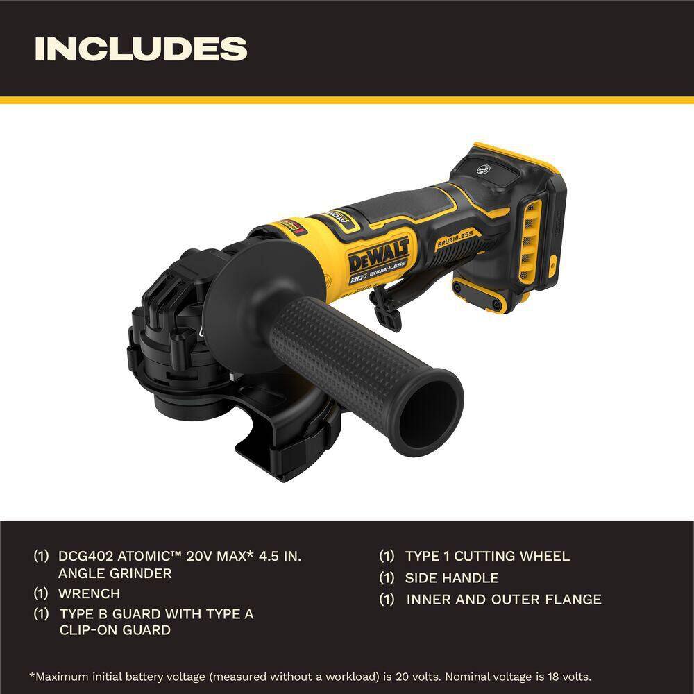 A marketing graphic displaying the complete contents of the DEWALT DCG402B bare tool kit. The image includes the 4-1/2 inch angle grinder, a Type B guard with a Type A clip-on guard, one Type 27 grinding wheel, a side handle, an inner/outer flange, and a wrench.
