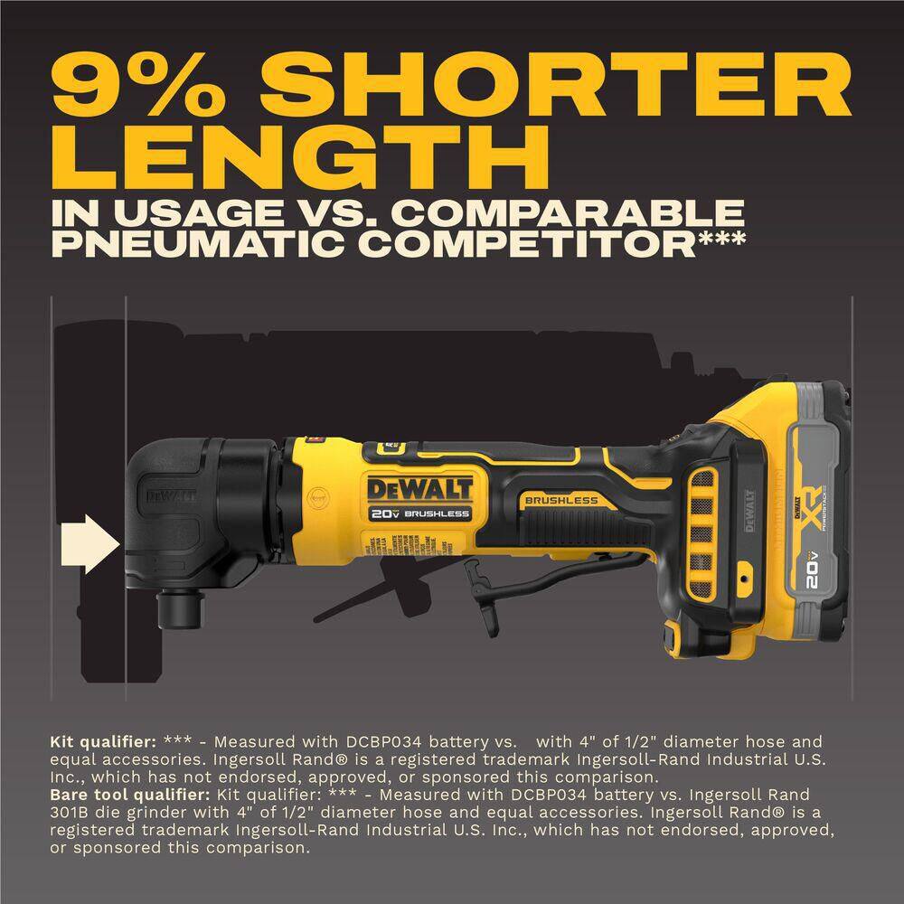 A comparison infographic showing the DEWALT ATOMIC grinder is 9 percent shorter in length compared to a leading pneumatic competitor. The graphic demonstrates the tool's ultra-compact size for increased productivity in confined jobsite environments.