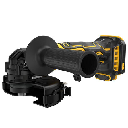 A high-resolution studio shot of the DEWALT DCG402B angle grinder with the side handle installed. This bare tool view focuses on the industrial construction and the integrated lanyard loop for safety when working at heights.