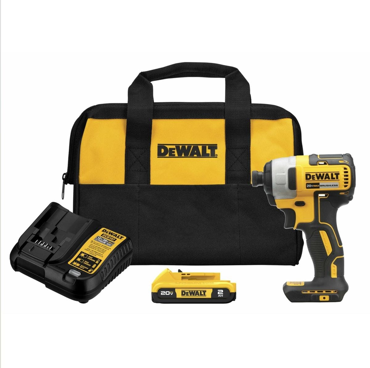 DeWalt 20V MAX brushless 1/4 in. impact driver kit, showing the tool, 2.0Ah battery, charger, and contractor bag.