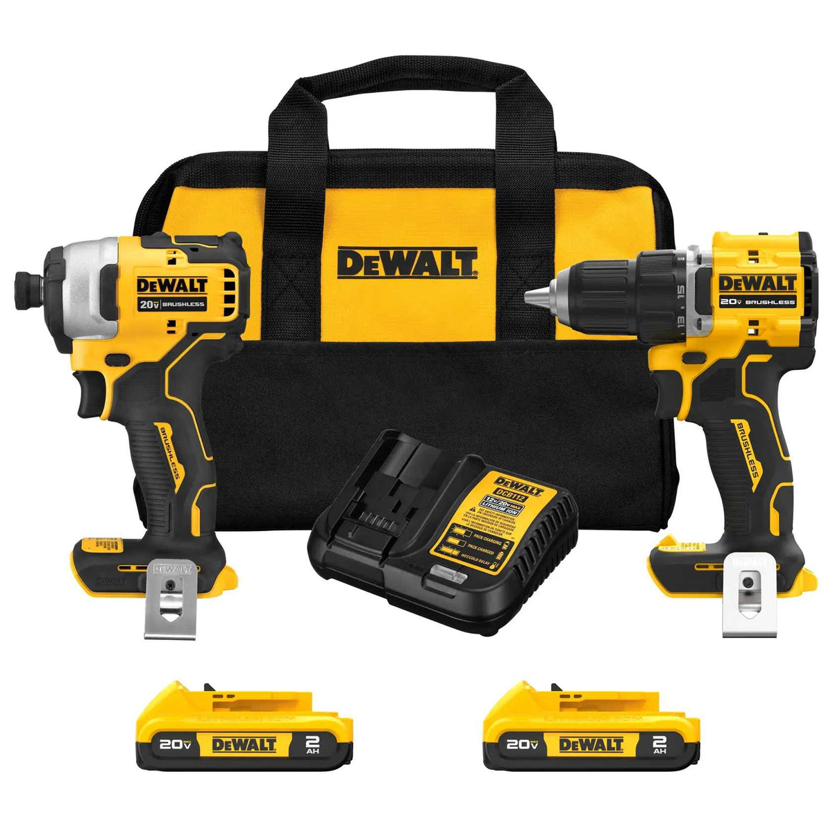 High-resolution view of the DEWALT 20V MAX brushless cordless power tool set with two compact drivers, dual 2.0Ah battery packs, and a charging station arranged in front of a heavy-duty storage bag.