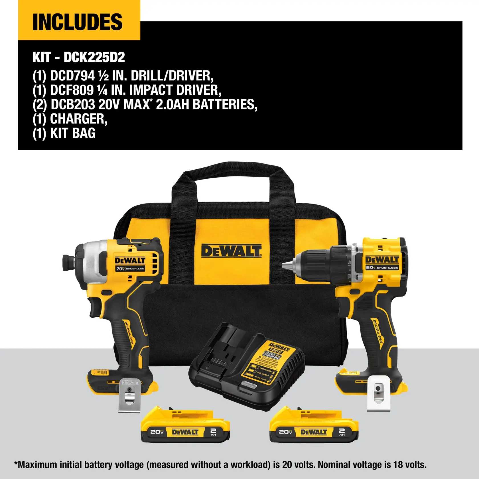 Product breakdown of the DEWALT DCK225D2 kit including one DCD794 1/2 inch drill driver, one DCF809 1/4 inch impact driver, two DCB203 20V MAX batteries, a charger, and a soft carrying case.