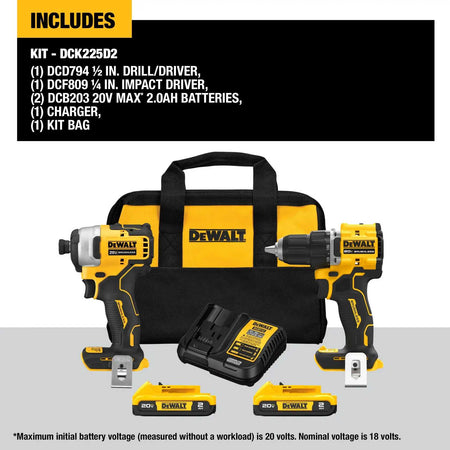 Product breakdown of the DEWALT DCK225D2 kit including one DCD794 1/2 inch drill driver, one DCF809 1/4 inch impact driver, two DCB203 20V MAX batteries, a charger, and a soft carrying case.