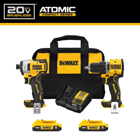 DEWALT ATOMIC COMPACT SERIES 20V MAX Brushless 2-tool combo kit featuring a compact drill driver, impact driver, two 2.0Ah lithium ion batteries, charger, and yellow and black contractor bag.