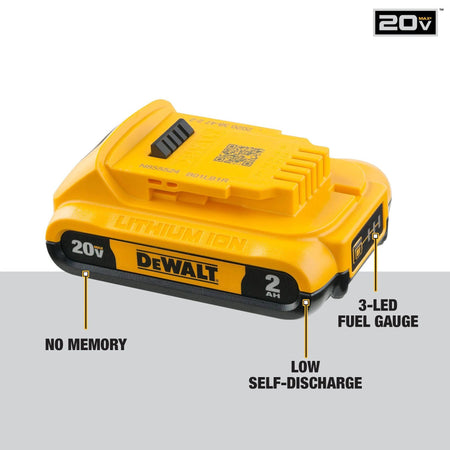 Close-up of a DEWALT 20V MAX 2.0Ah lithium ion battery pack highlighting the 3-LED fuel gauge, low self-discharge rate, and no-memory technology for optimized power tool performance.