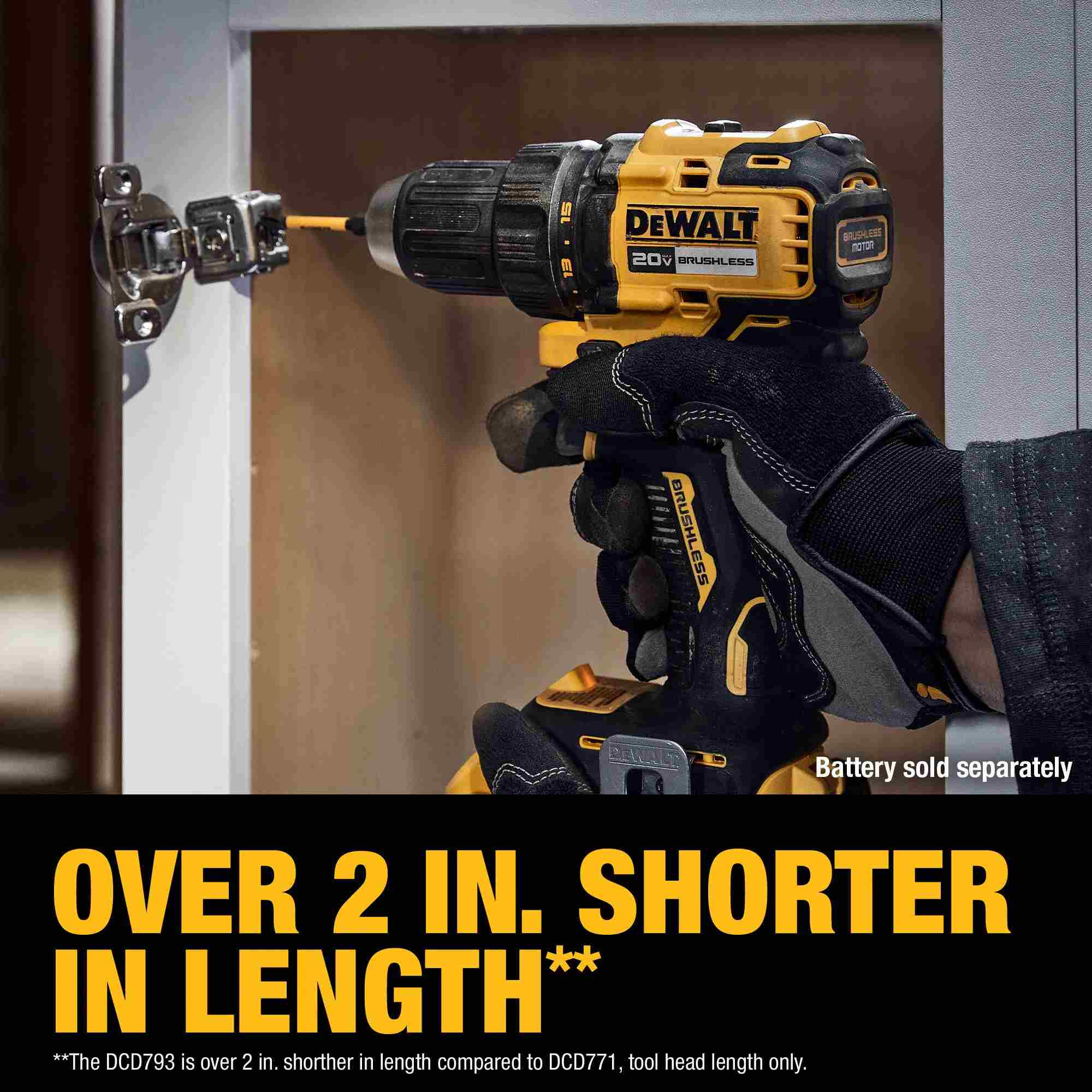 Action photo of the DEWALT DCD793 compact drill being used to install a cabinet hinge, demonstrating its short head length designed for superior access in tight residential spaces.