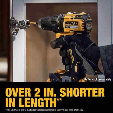Action photo of the DEWALT DCD793 compact drill being used to install a cabinet hinge, demonstrating its short head length designed for superior access in tight residential spaces.