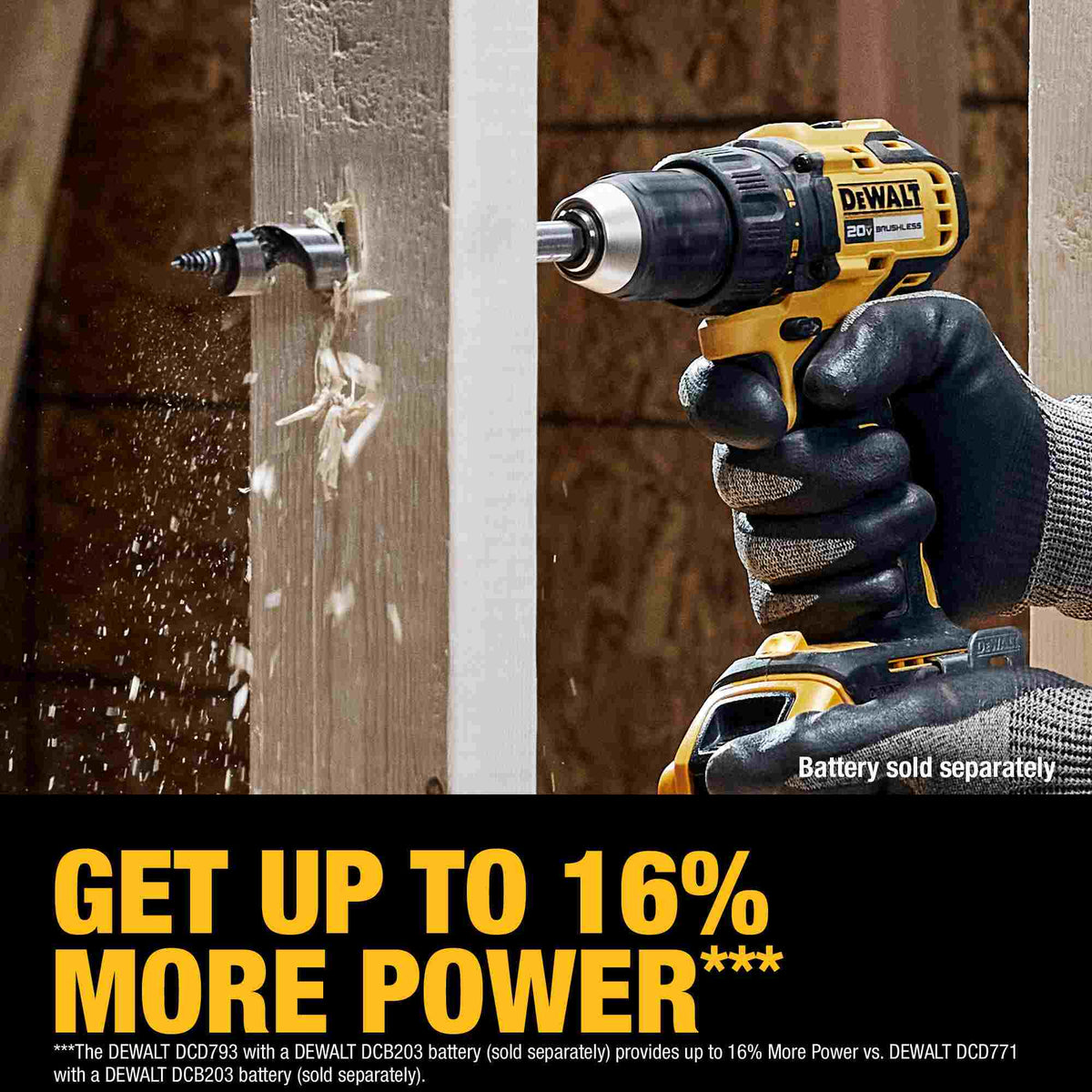 A worker using the DEWALT 20V MAX brushless drill with a spade bit to bore through a wood stud, illustrating the tool's 16% power increase over previous generations for heavy-duty drilling.