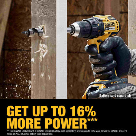 A worker using the DEWALT 20V MAX brushless drill with a spade bit to bore through a wood stud, illustrating the tool's 16% power increase over previous generations for heavy-duty drilling.