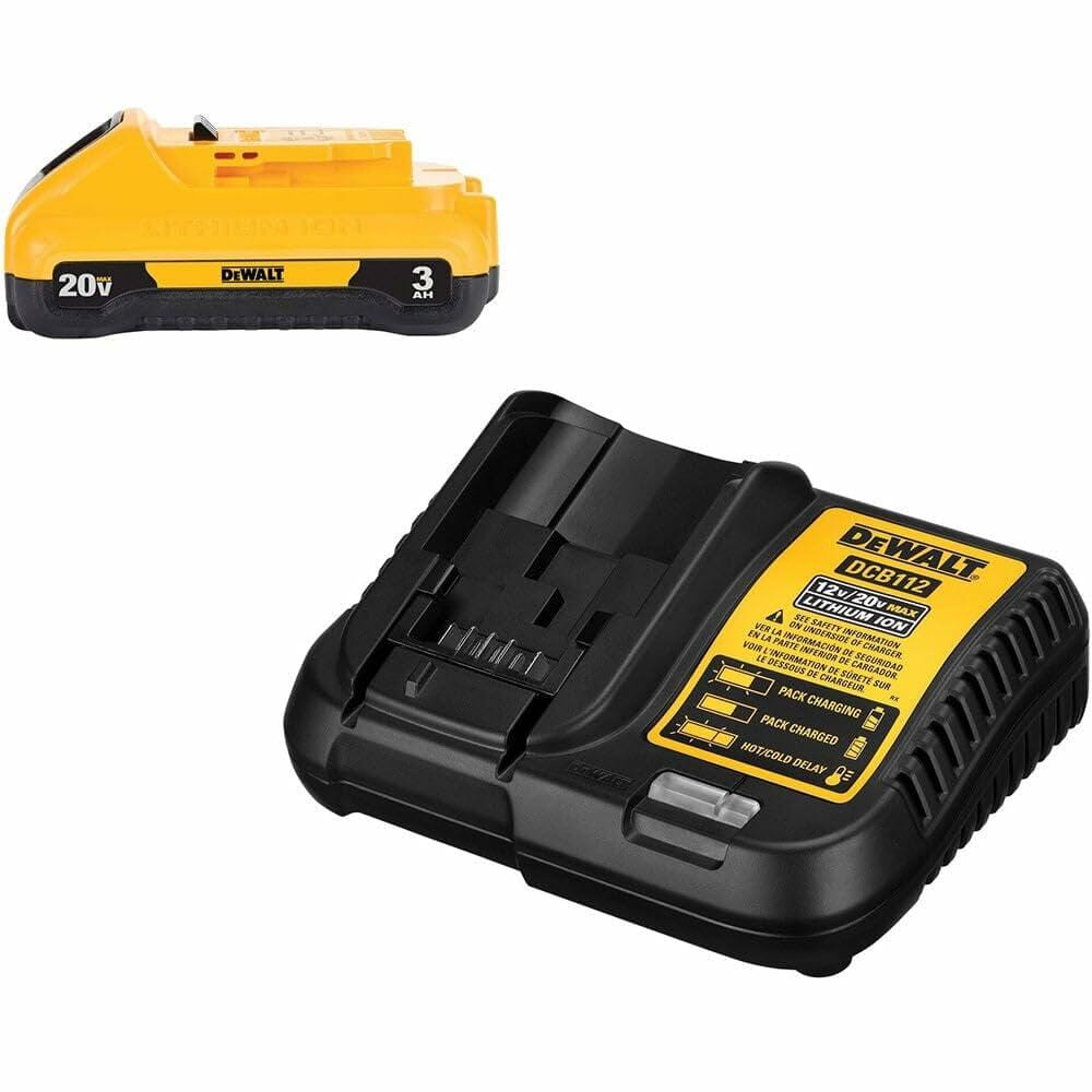 The DEWALT 20V MAX 3.0Ah compact battery and the DCB112 charger shown together against a white background.
